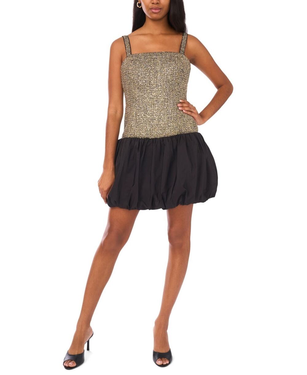 CeCe Tweed Cocktail Mini Dress Women 10 Gold Metallic Square Neck Sleeveless NWT